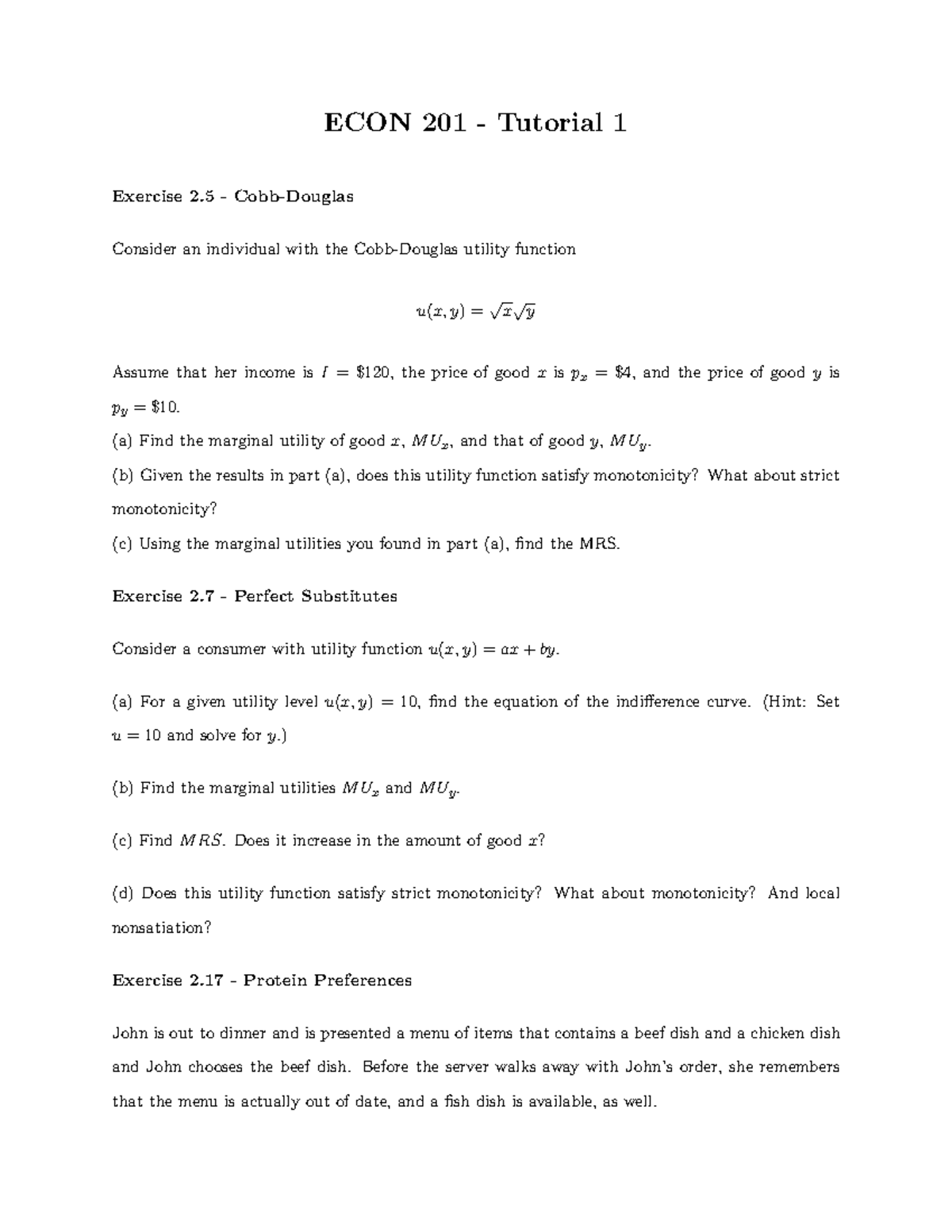 ECON 201 Tutorial 1: Utility Function Exercises and Analysis - Studocu