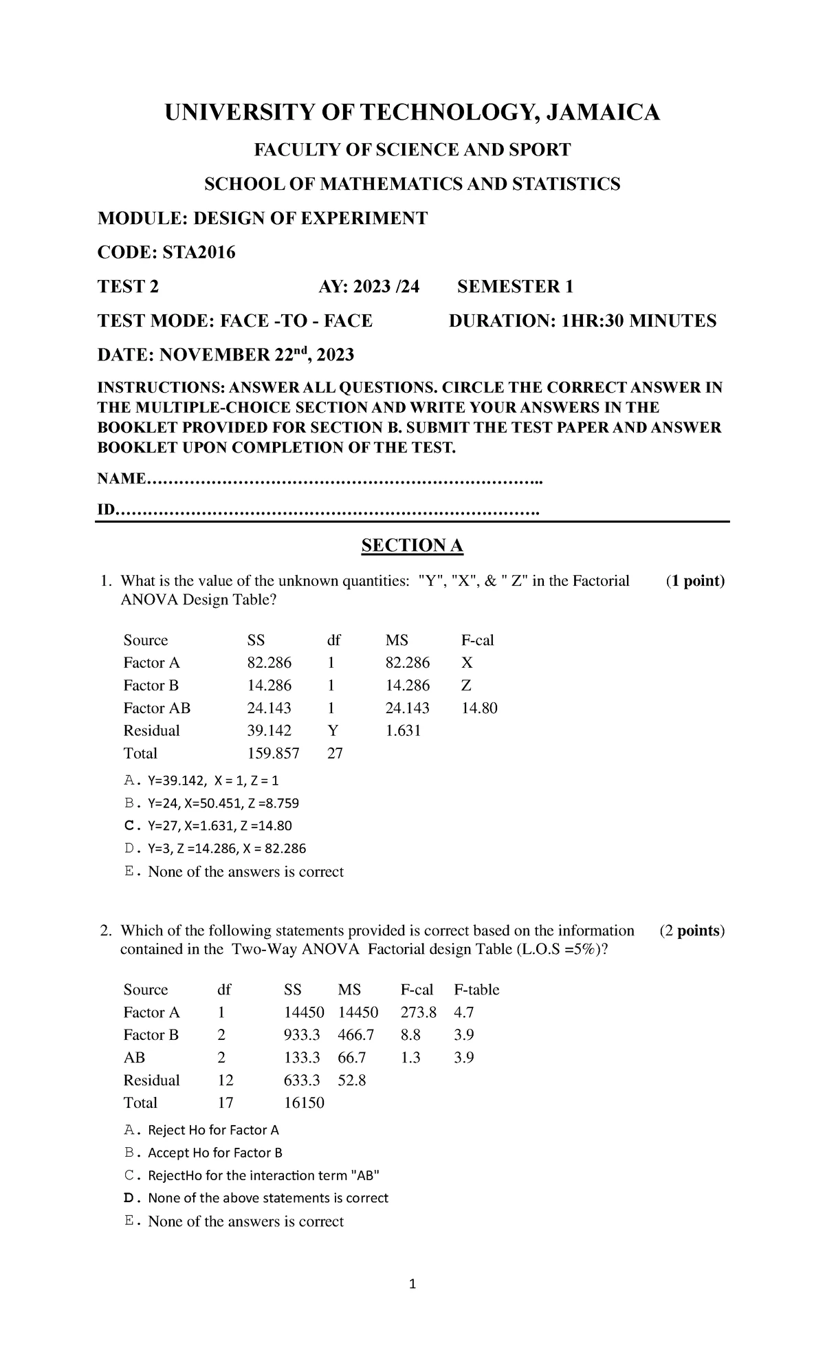 STA-DOF-TEST 1 - October 2023 Past Paper Analysis - Studocu