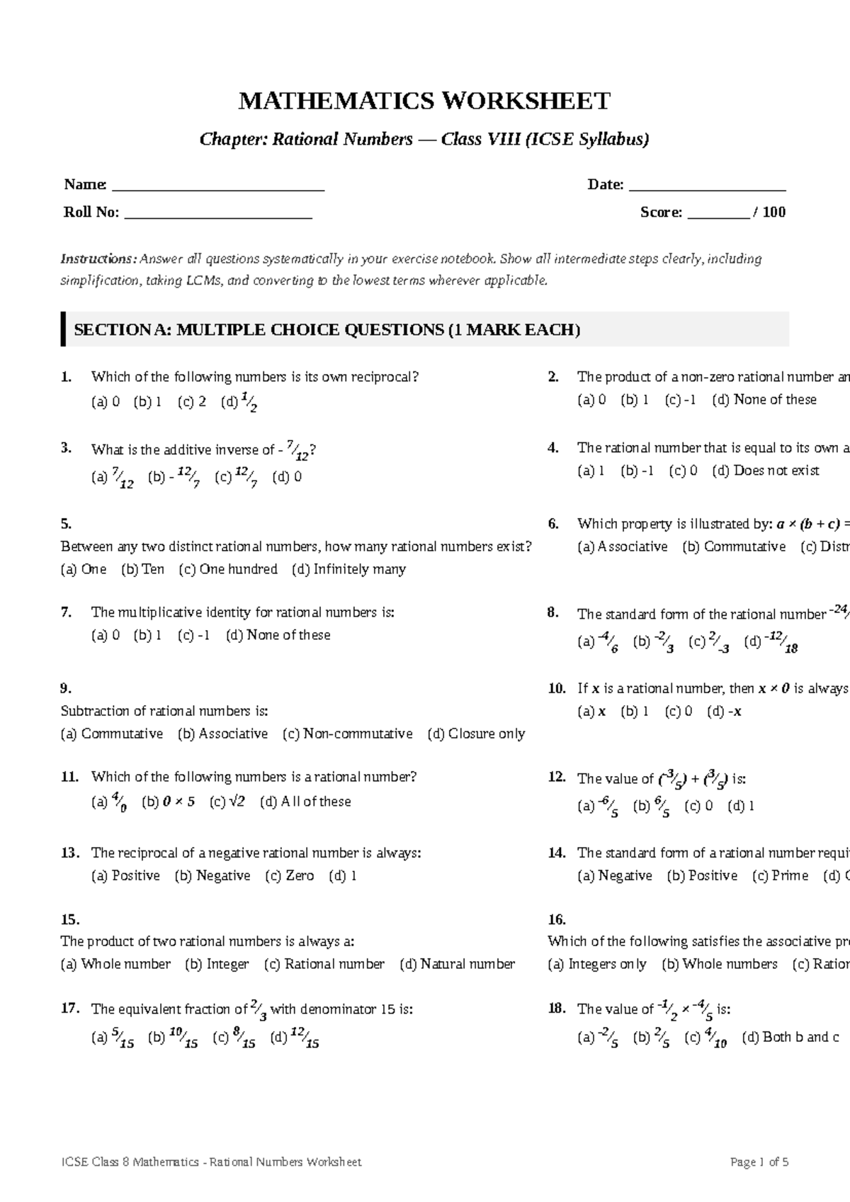 ICSE Class 8 Mathematics Worksheet: 100 Questions on Rational Numbers ...