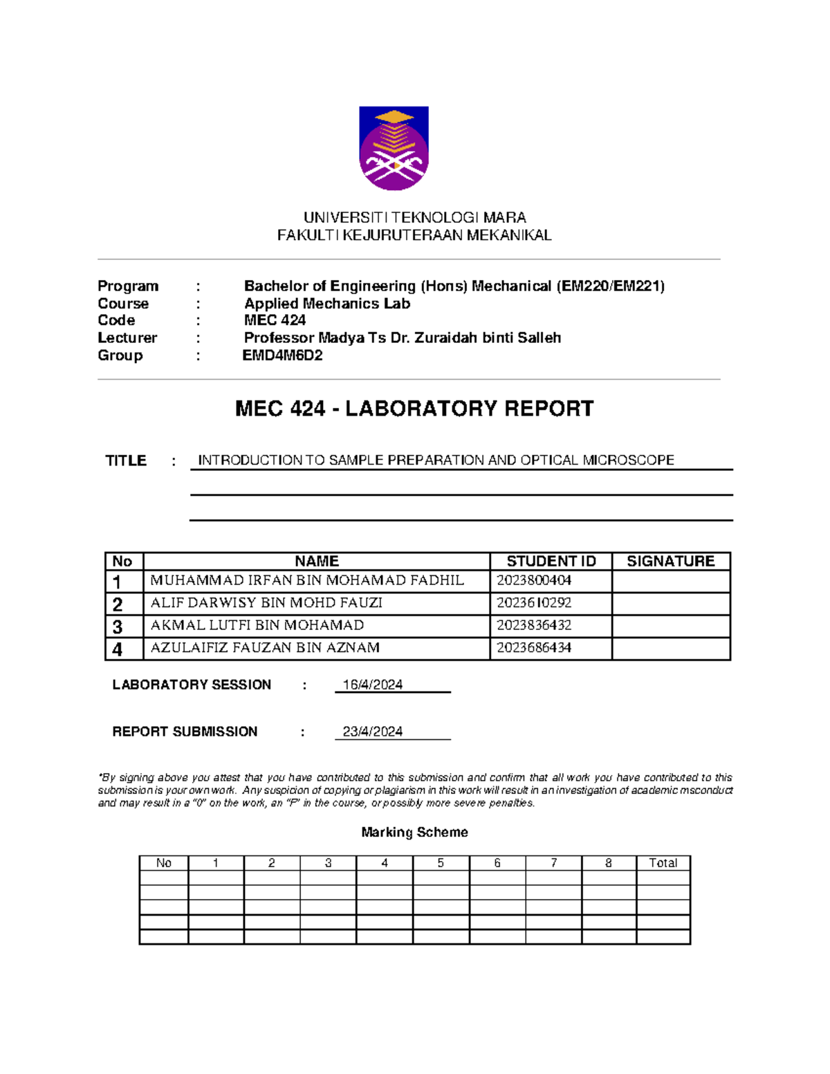 Lab Report MEC 424: Optical Microscope and Sample Preparation - Studocu