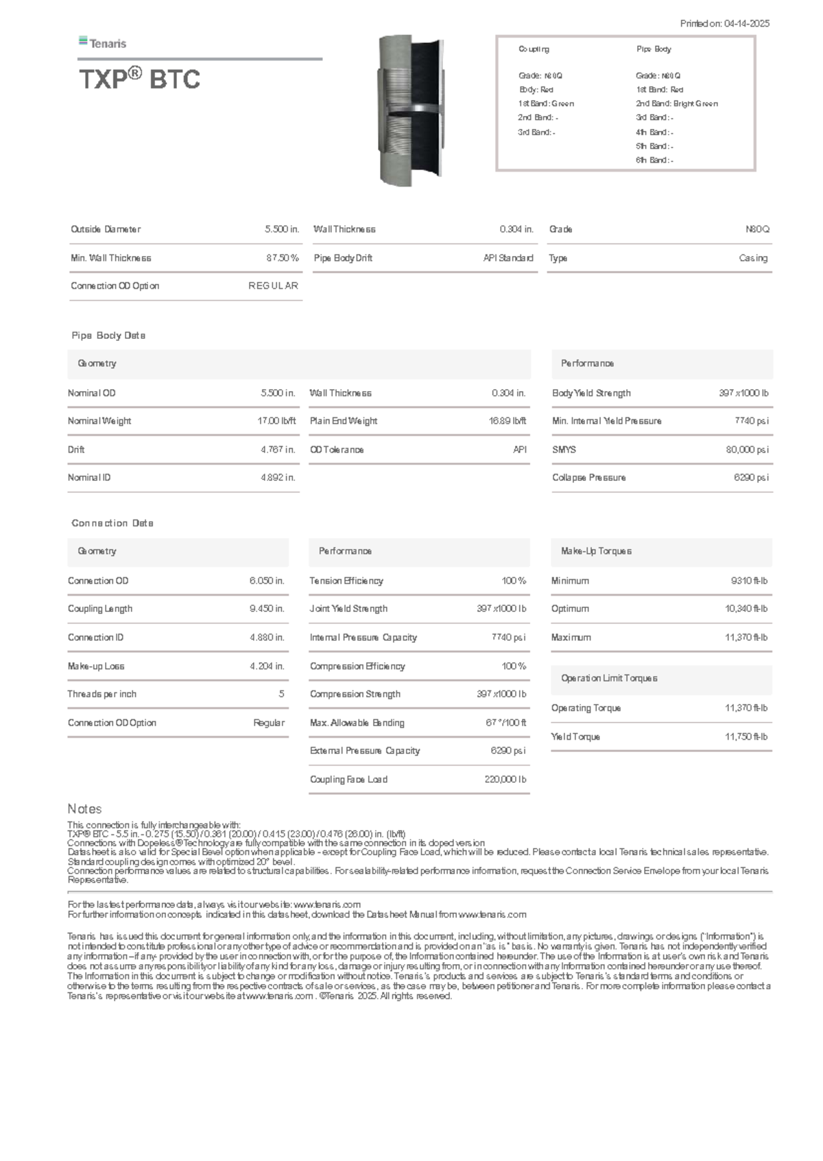 TXP® BTC 5: N80Q Coupling Pipe Body Specifications and Data - Studocu