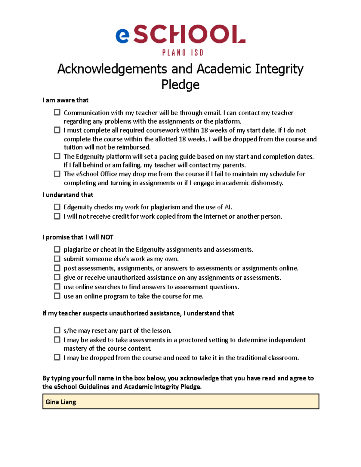 Acknowledgements and Academic Integrity Pledge - Edgenuity Guidelines ...