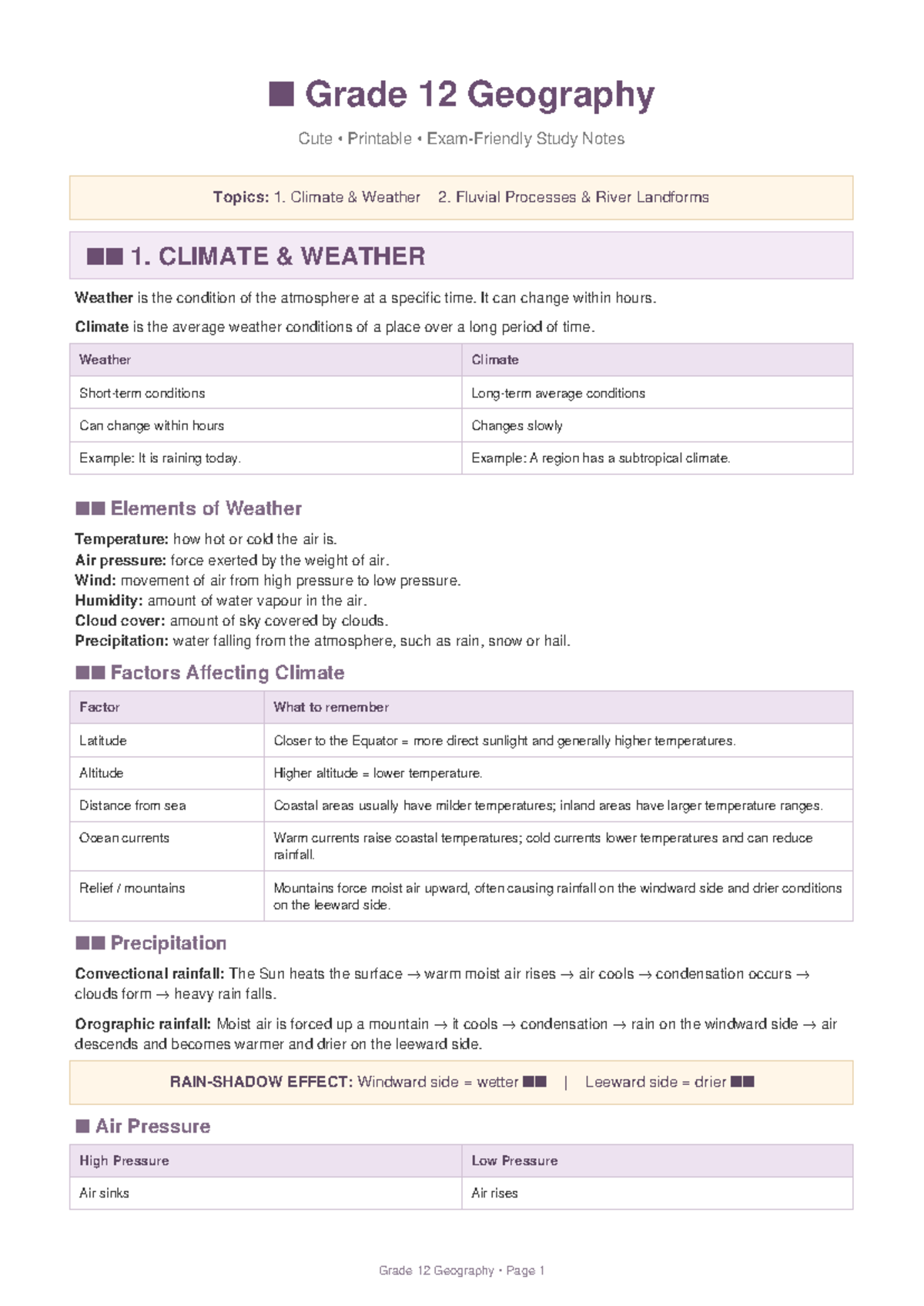 Grade 12 Geography Final Exam Study Notes: Climate & Fluvial Processes ...