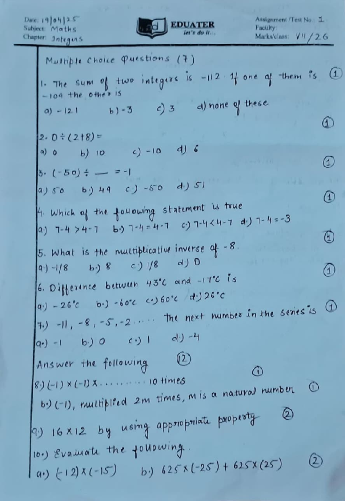 Class-7 Maths: Chapter JntegnS - Multiple Choice Questions Guide - Studocu