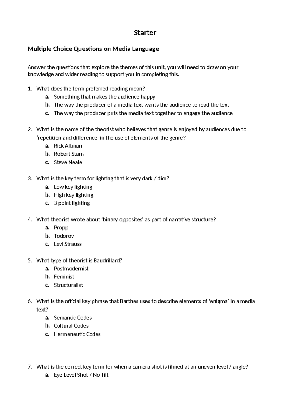 Starter Questions media language - Starter Multiple Choice Questions on ...
