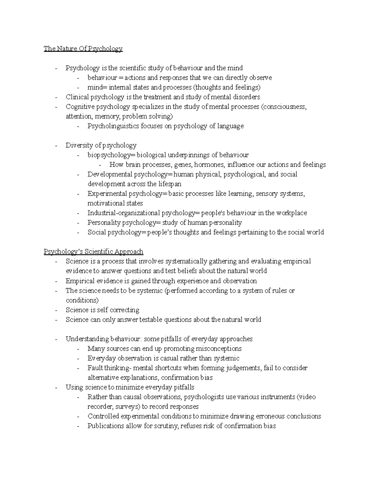 chapter 1 textbook notes - The Nature Of Psychology - Psychology is the ...