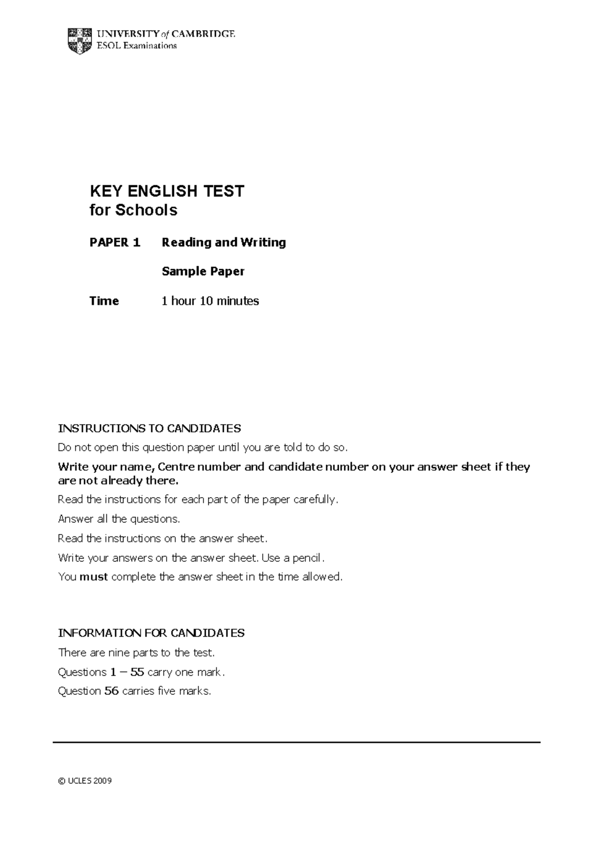 Ket Test 1 - Sample Paper for KEY ENGLISH TEST A2 Reading & Writing ...