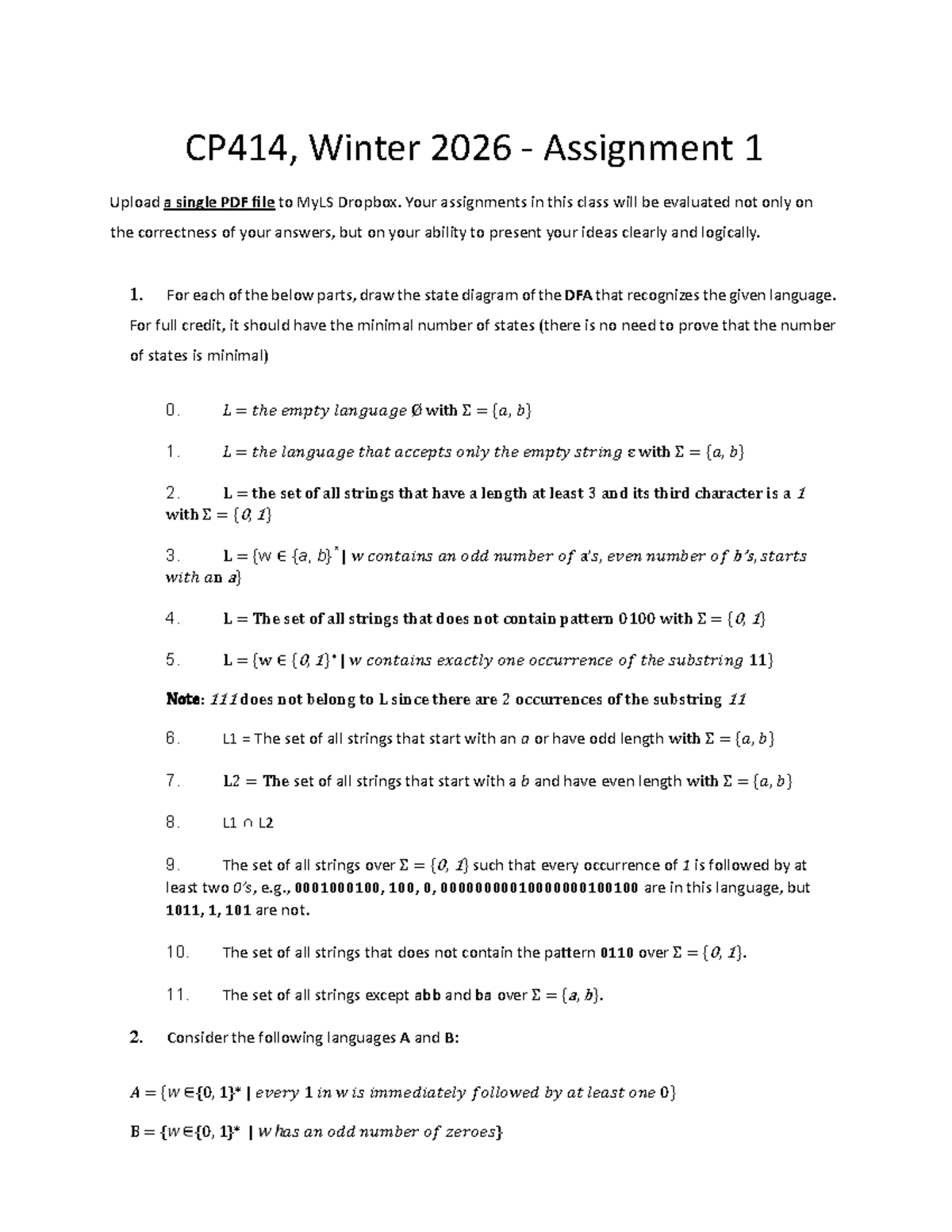 A1 CP414 W2026 - DFA State Diagrams Assignment Questions - Studocu