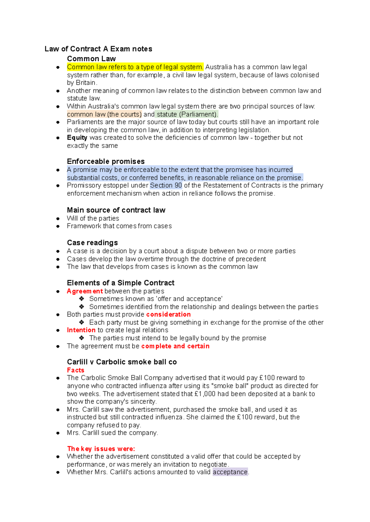 Law of Contract A - Final Exam Study Notes - Studocu