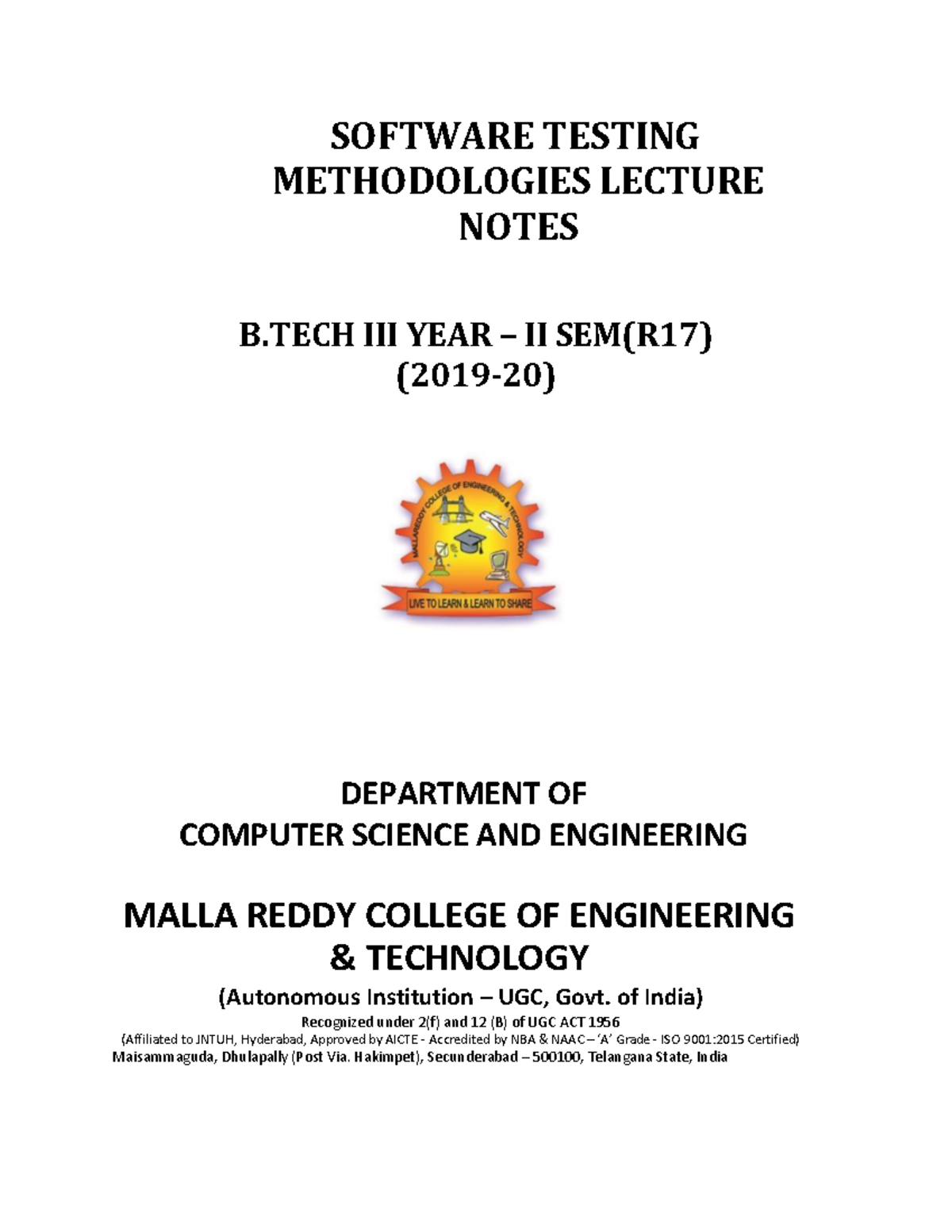 Software Testing Methodologies Lecture Notes B.Tech II Year (R17) - Studocu