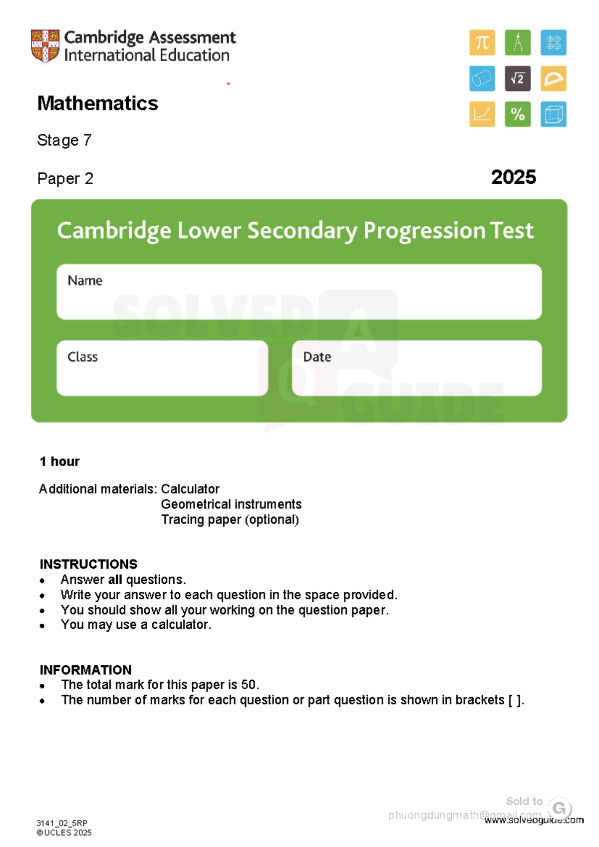 Mathematics Stage 7 2025 Paper 2 Solutions Guide - Studocu
