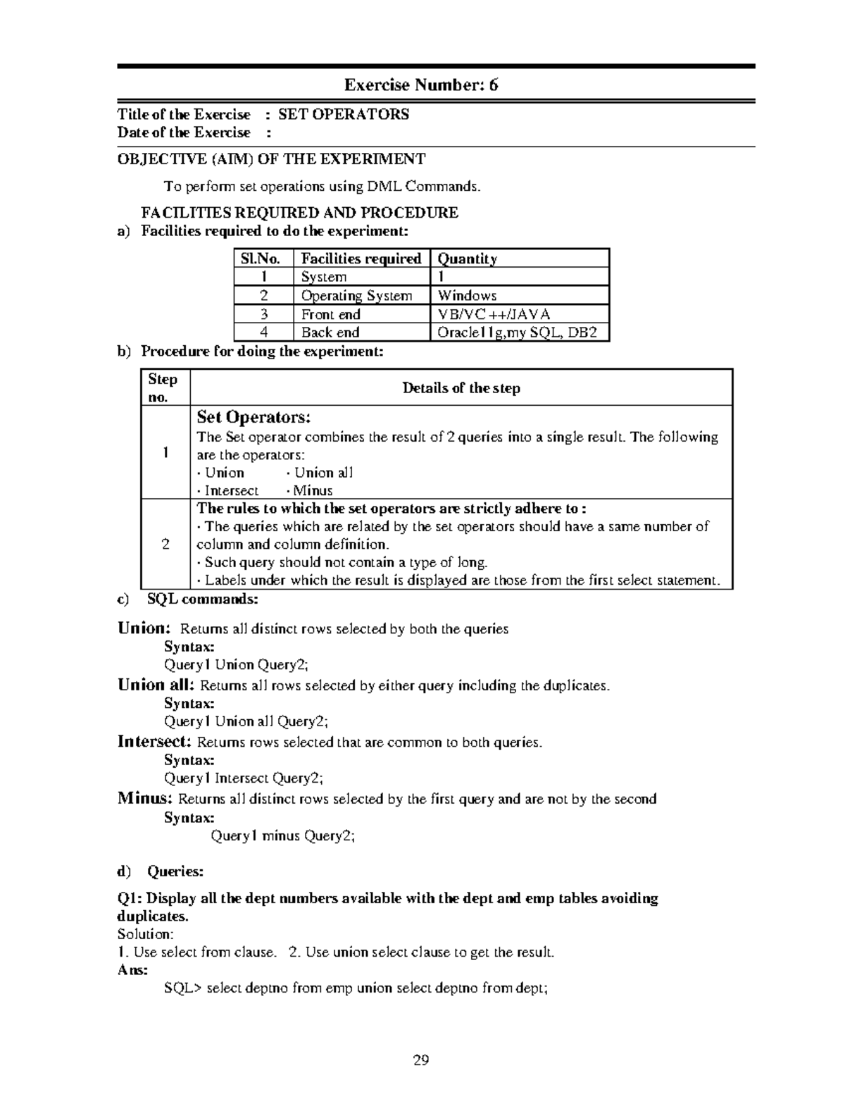 SET OPERATORS Exercise 6 - SQL DML Commands and Queries - Studocu