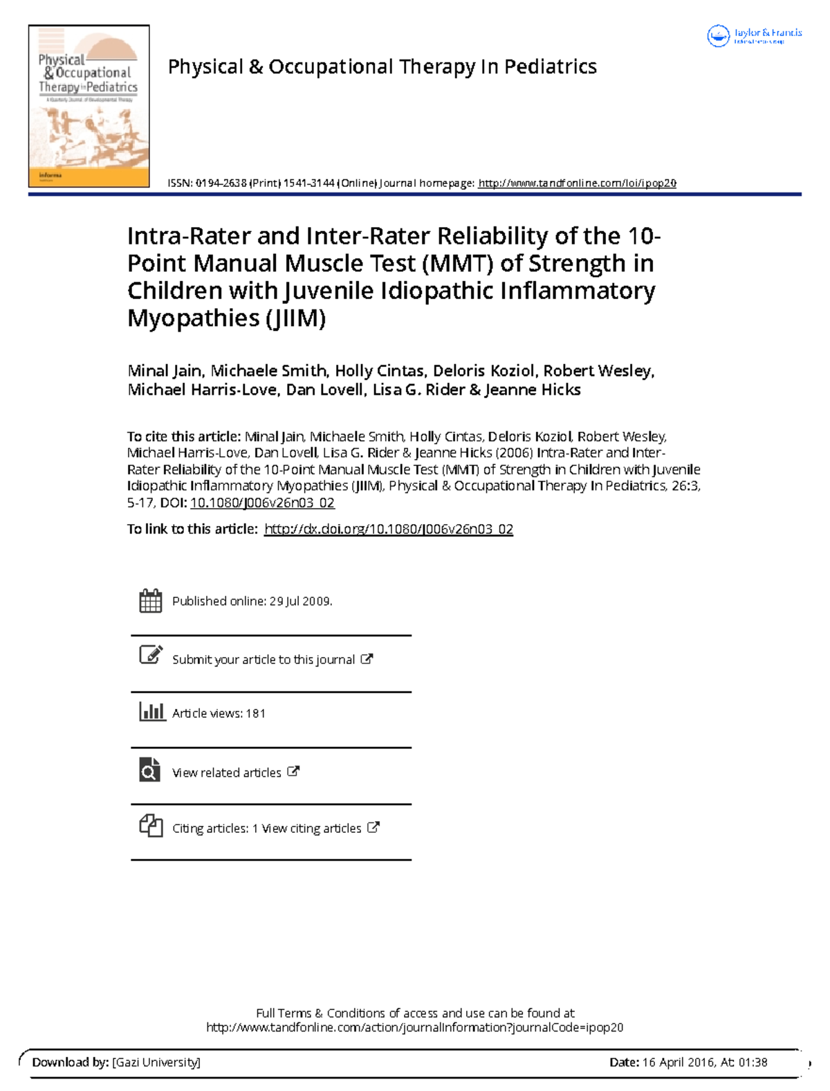 Intra-Rater and Inter-Rater Reliability of MMT in JIIM (Jain 2006 ...