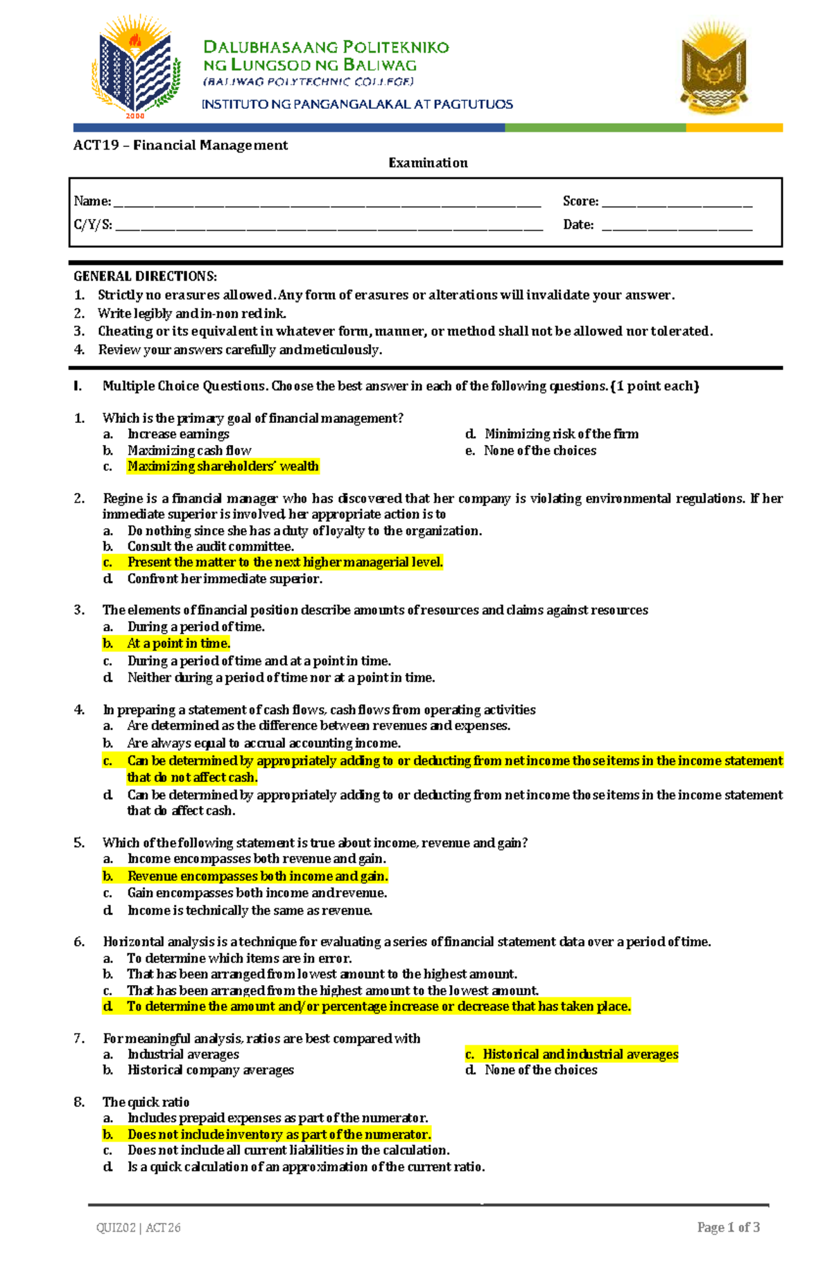 ACT19 Financial Management Final Exam: Set A with Solutions - Studocu