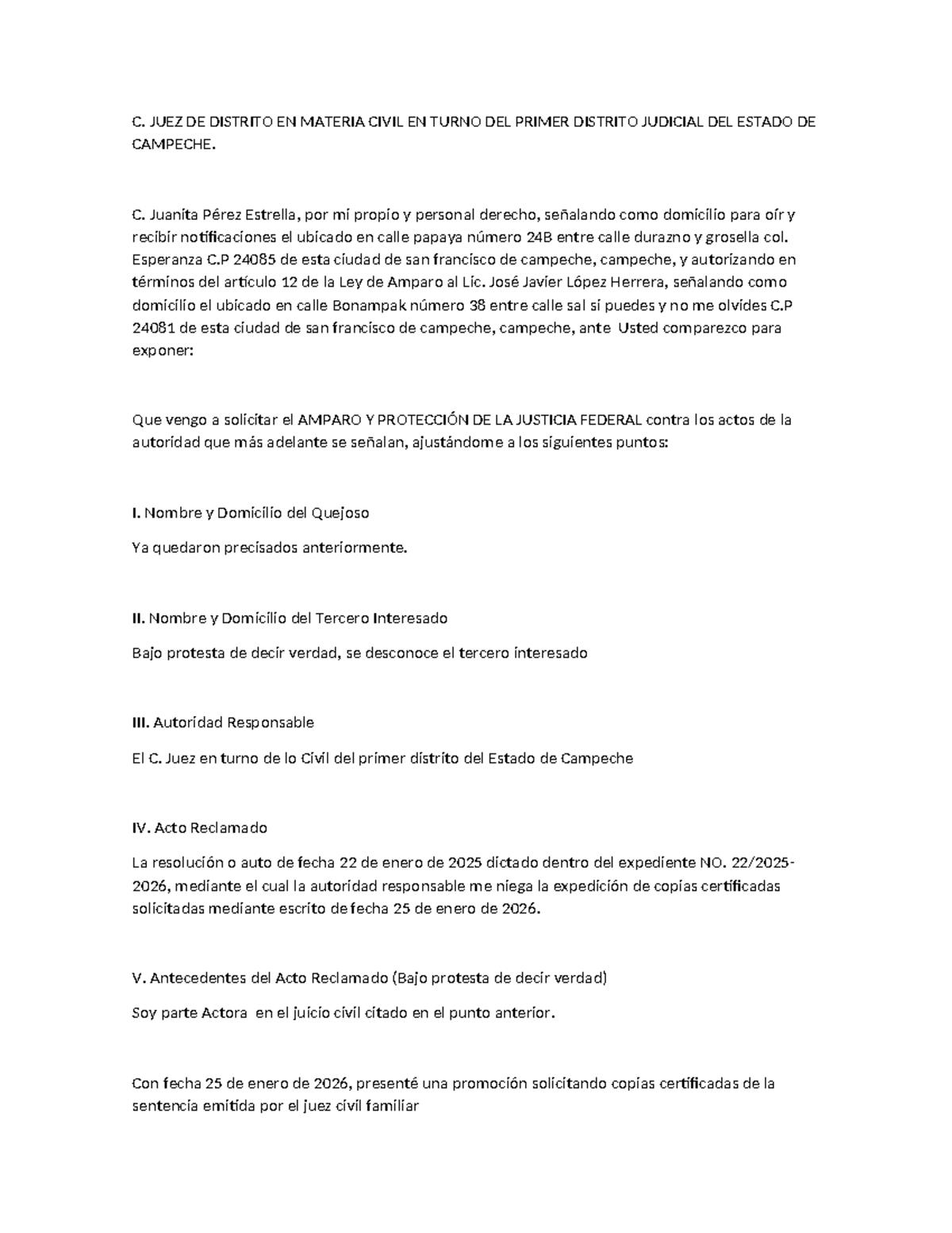 Amparo y Protección de la Justicia Federal - C. Juez Civil 1er Distrito ...