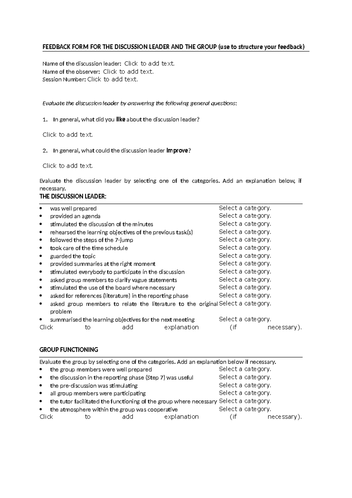 Feedback Form for Discussion Leaders and Group Evaluation - Studeersnel