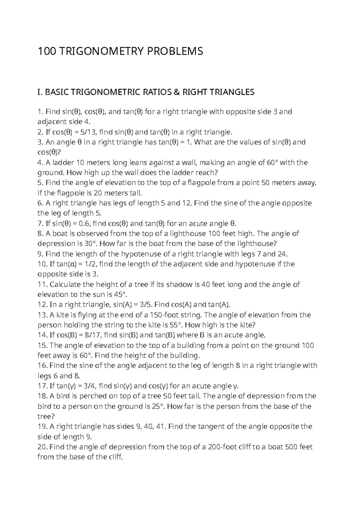 Trigonometry Problem Set: 100 Problems on Ratios & Right Triangles ...