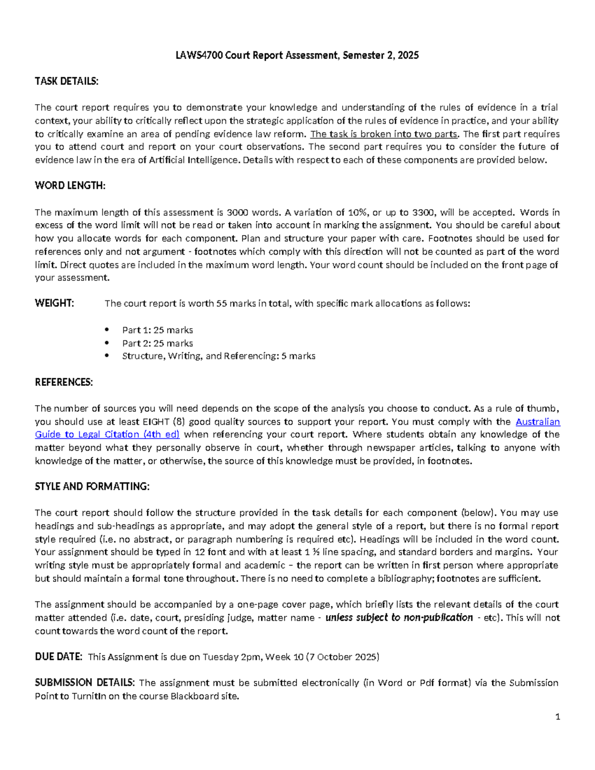 LAWS4700 Court Report Assessment: Evidence Rules & AI Challenges - Studocu