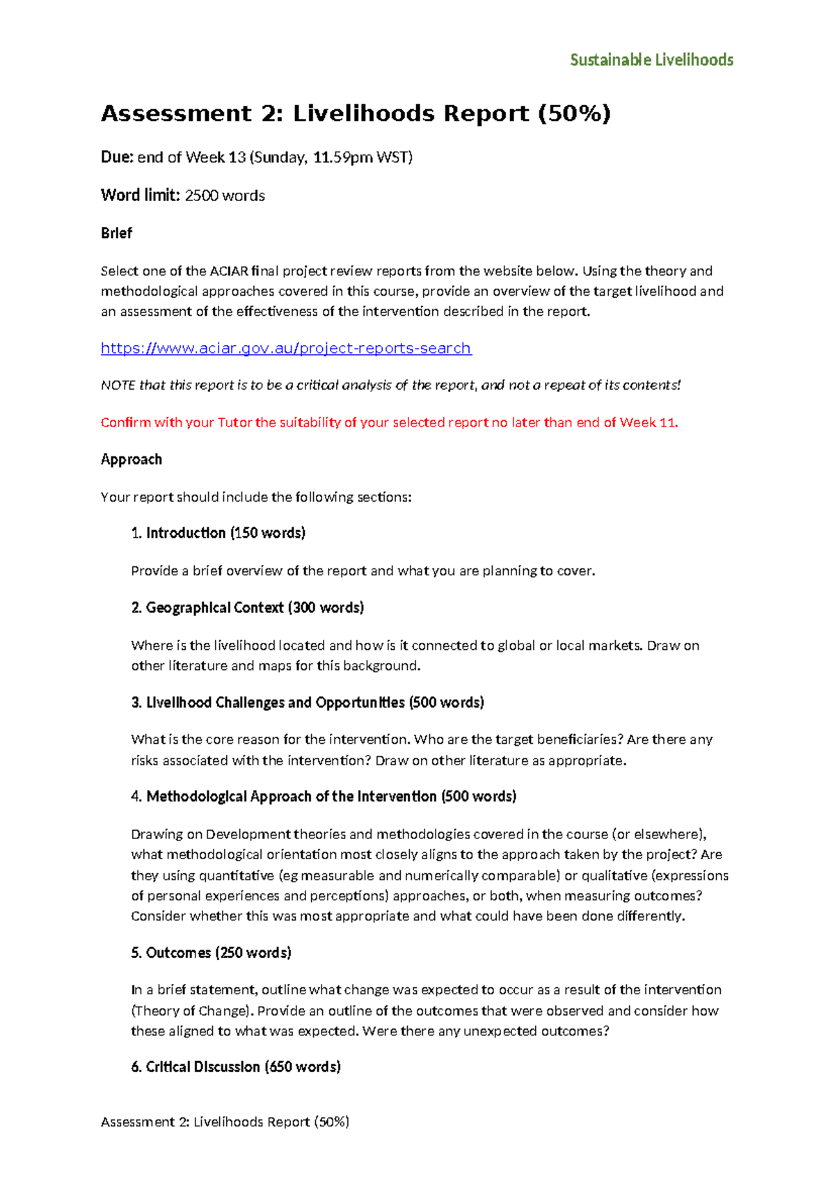 Sustainable Livelihoods Assignment 2 Report Brief SP4 2024 ...