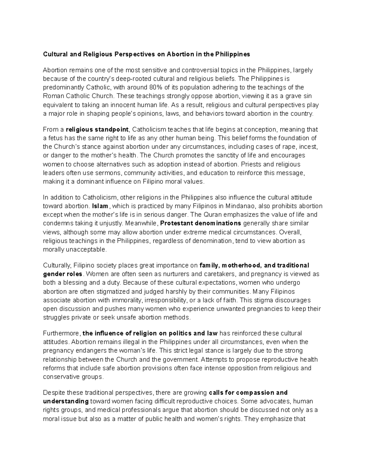 Cultural & Religious Views on Abortion in the Philippines - Studocu