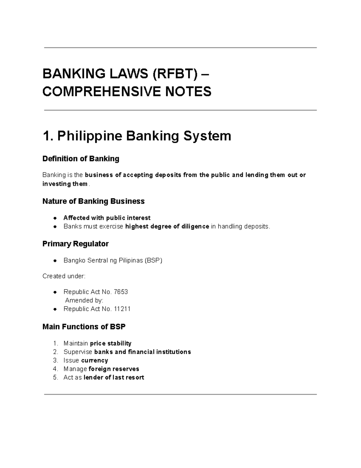 BANKING LAWS (RFBT) FINAL EXAM COMPREHENSIVE NOTES - Studocu