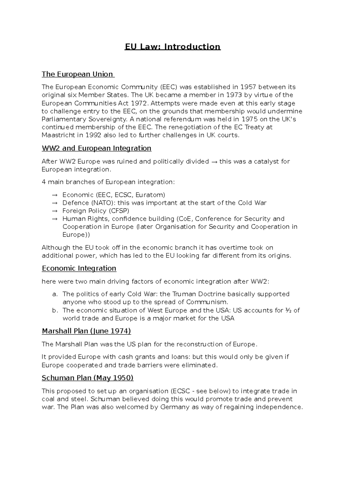 Lecture One - Notes - EU Law: Introduction The European Union The ...