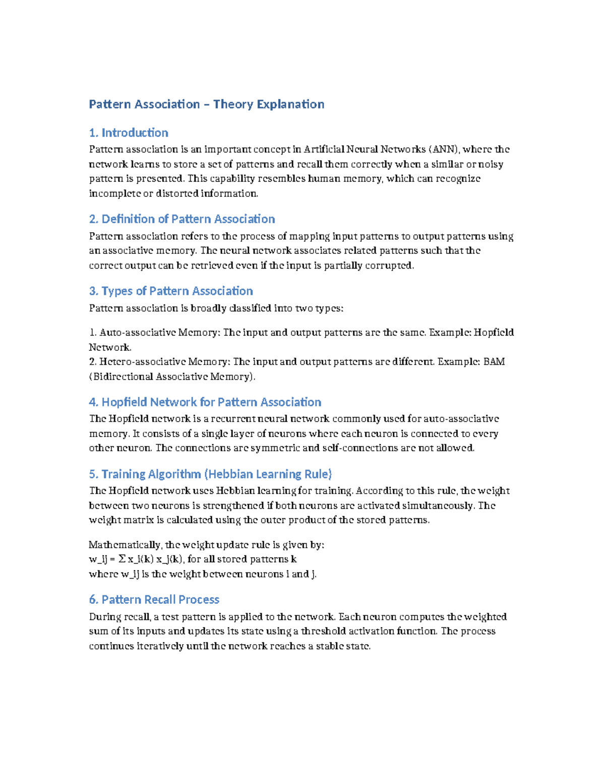 Pattern Association Theory in ANN: Concepts & Applications - Studocu