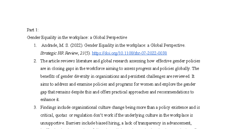 MGMT1007 Assessment 1: Gender Equality in the Workplace - A Global ...