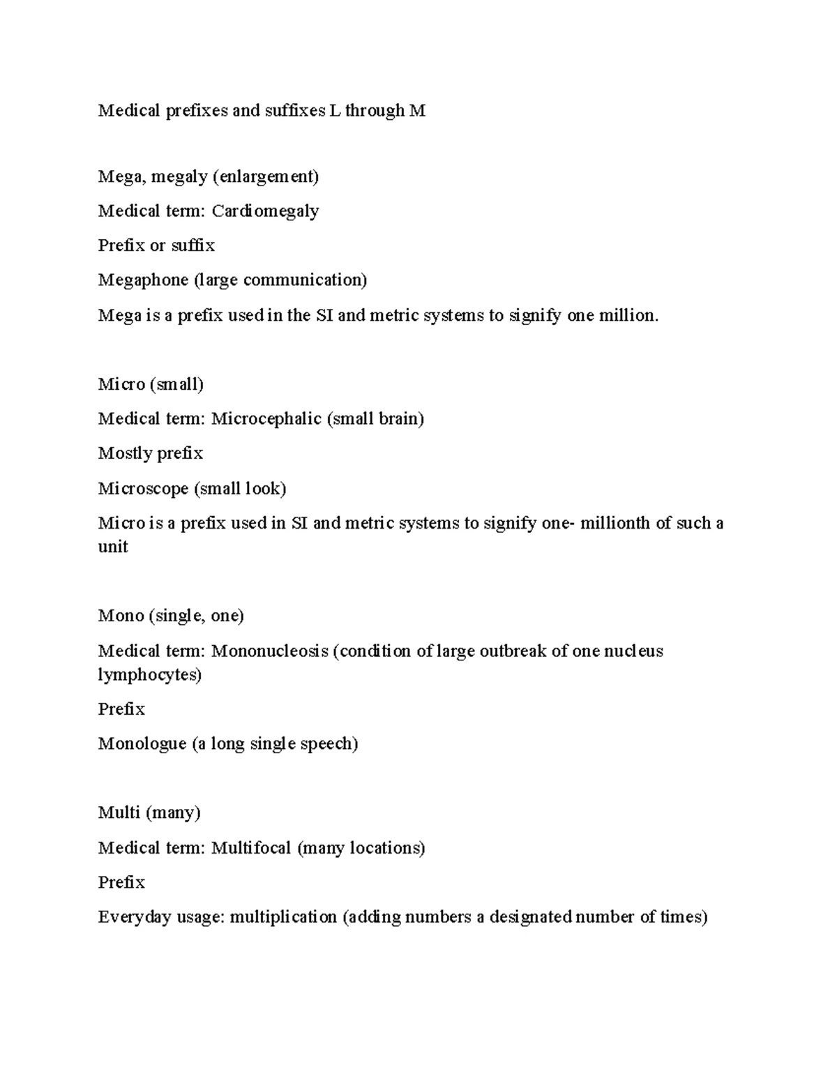 Medical prefixes - notes - Medical prefixes De(down or away from ...