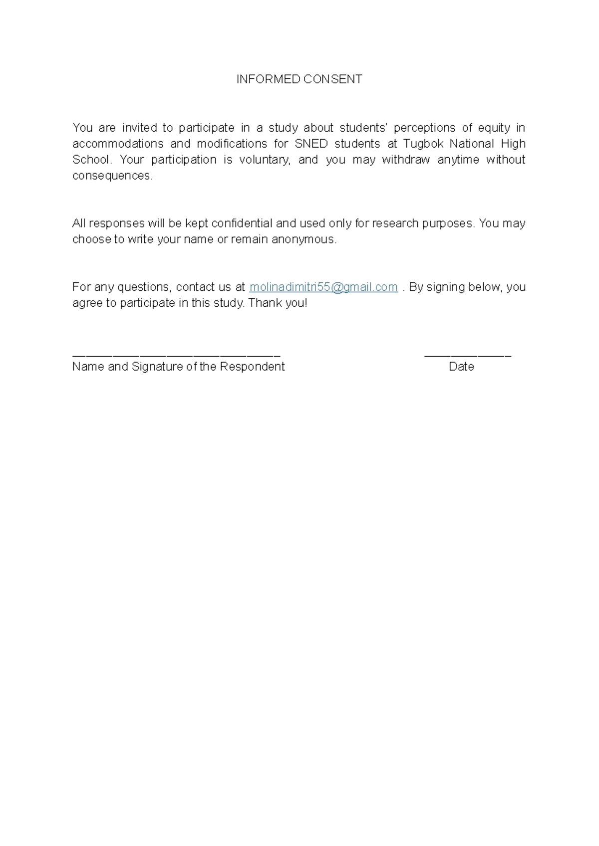 Consent Form for Research Example - INFORMED CONSENT You are invited to ...