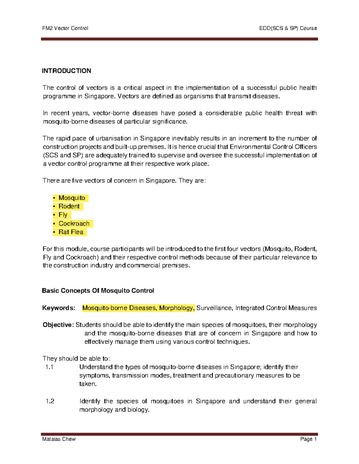 FM2 Vector Control: ECO(SCS & SP) Course Overview - Studocu