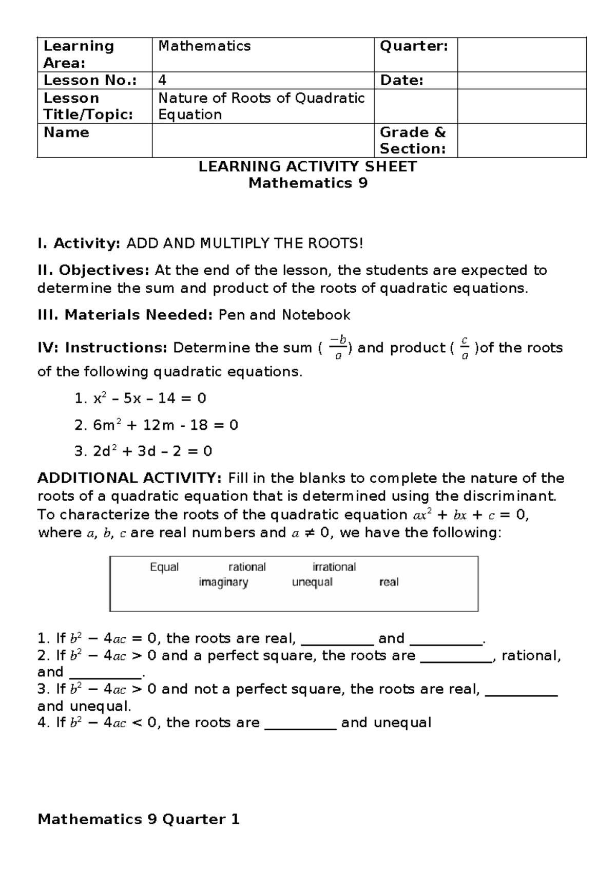 Math 9 Q4 Lesson: Nature of Roots of Quadratic Equations - Studocu