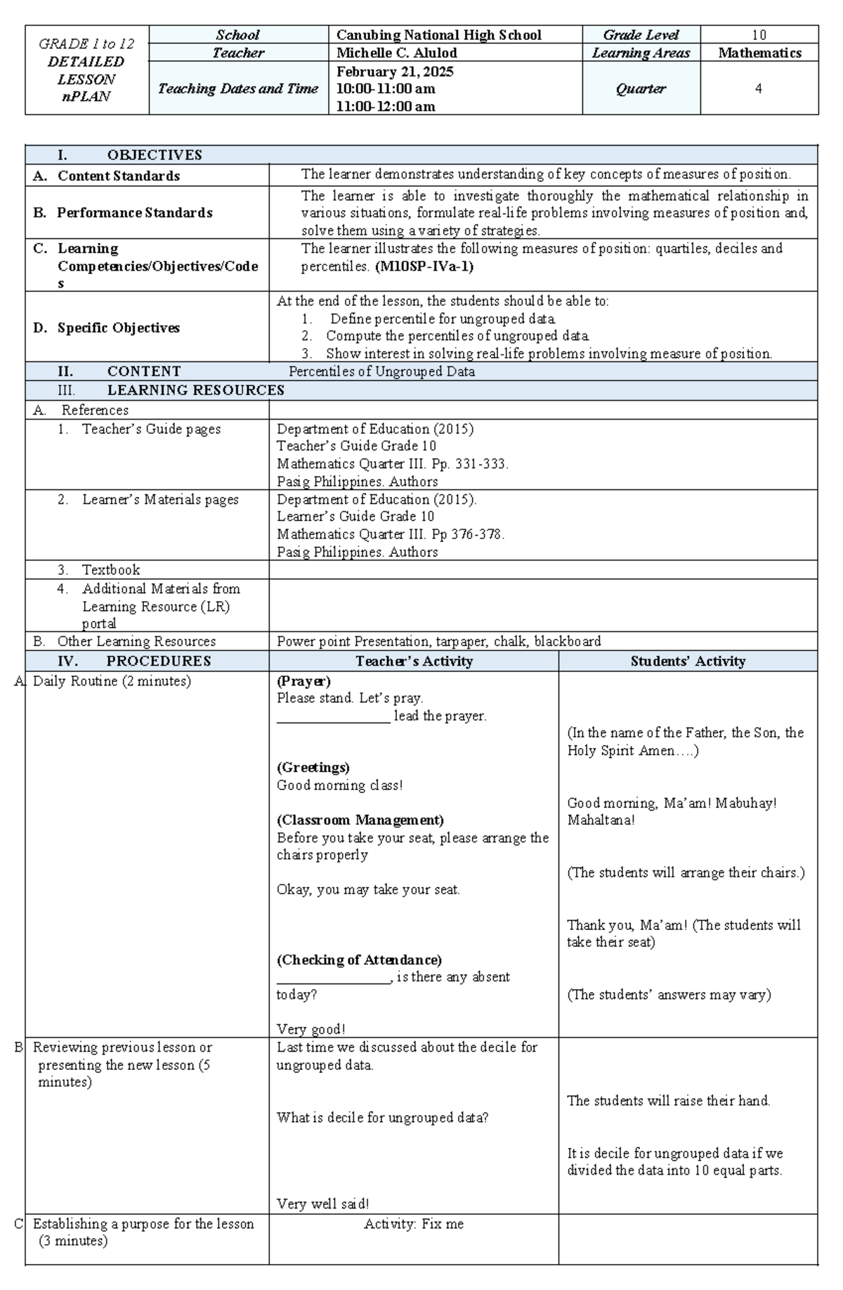 Grade 10 Mathematics Lesson Plan: Understanding Percentiles (Q4) - Studocu