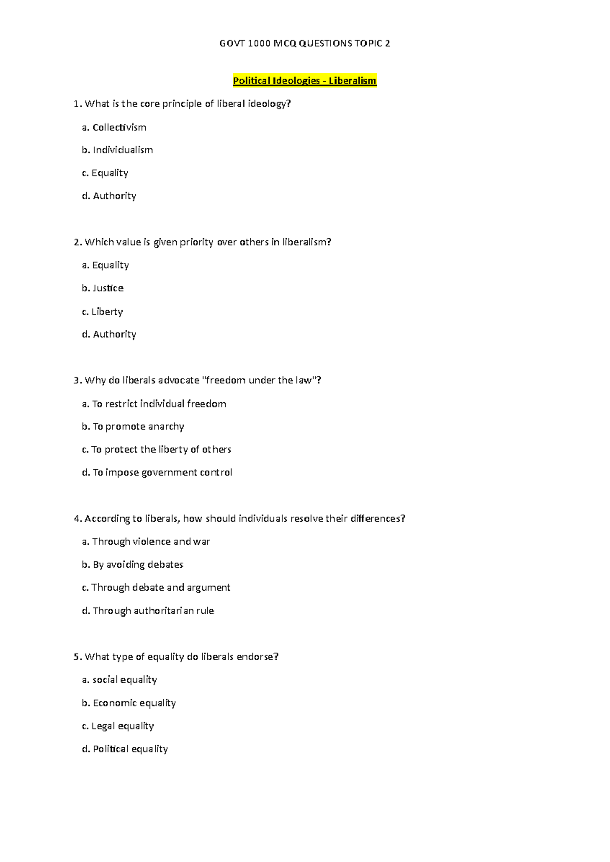 GOVT 1000: MCQ Questions on Political Ideologies - Liberalism ...