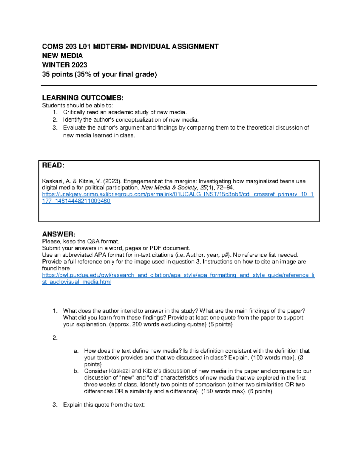 COMS 203 L01 Midterm - COMS 203 L01 MIDTERM- INDIVIDUAL ASSIGNMENT NEW ...