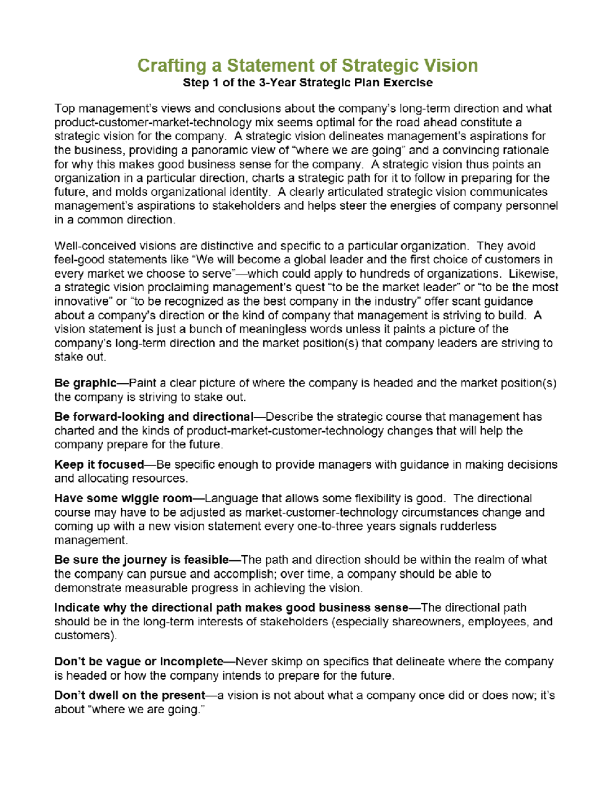 Plan – Strategic Vision Statement - Crafting a Statement of Strategic ...