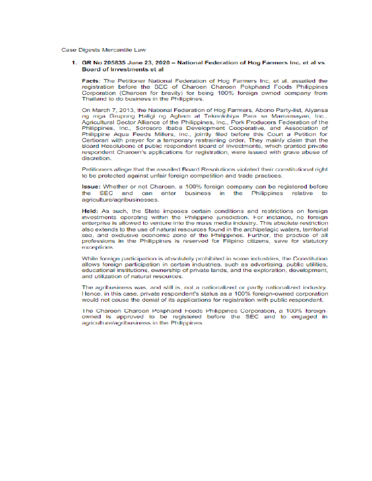 Case Digest: National Federation of Hog Farmers Inc. vs BOI - GR No ...