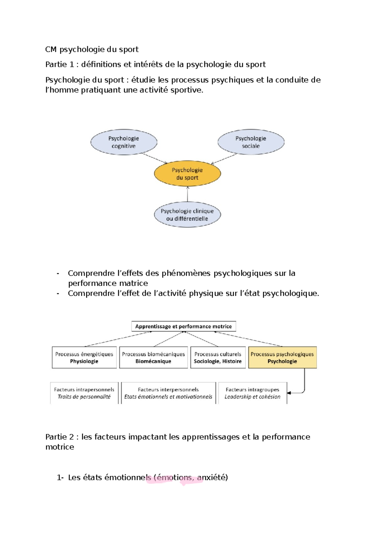 CM Psychologie du Sport : Émotions, Anxiété et Performance - Studocu