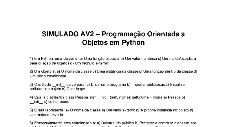 Simulado AV2 - Programação Orientada a Objetos em Python - Studocu