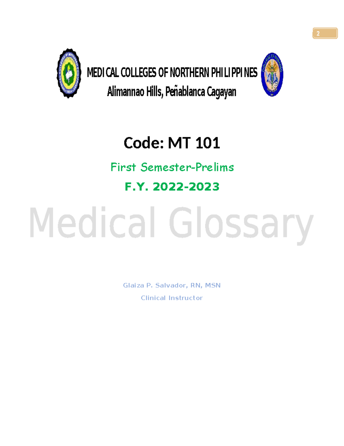 MT 101 Medical Terminology: Prelim Study Notes - Studocu