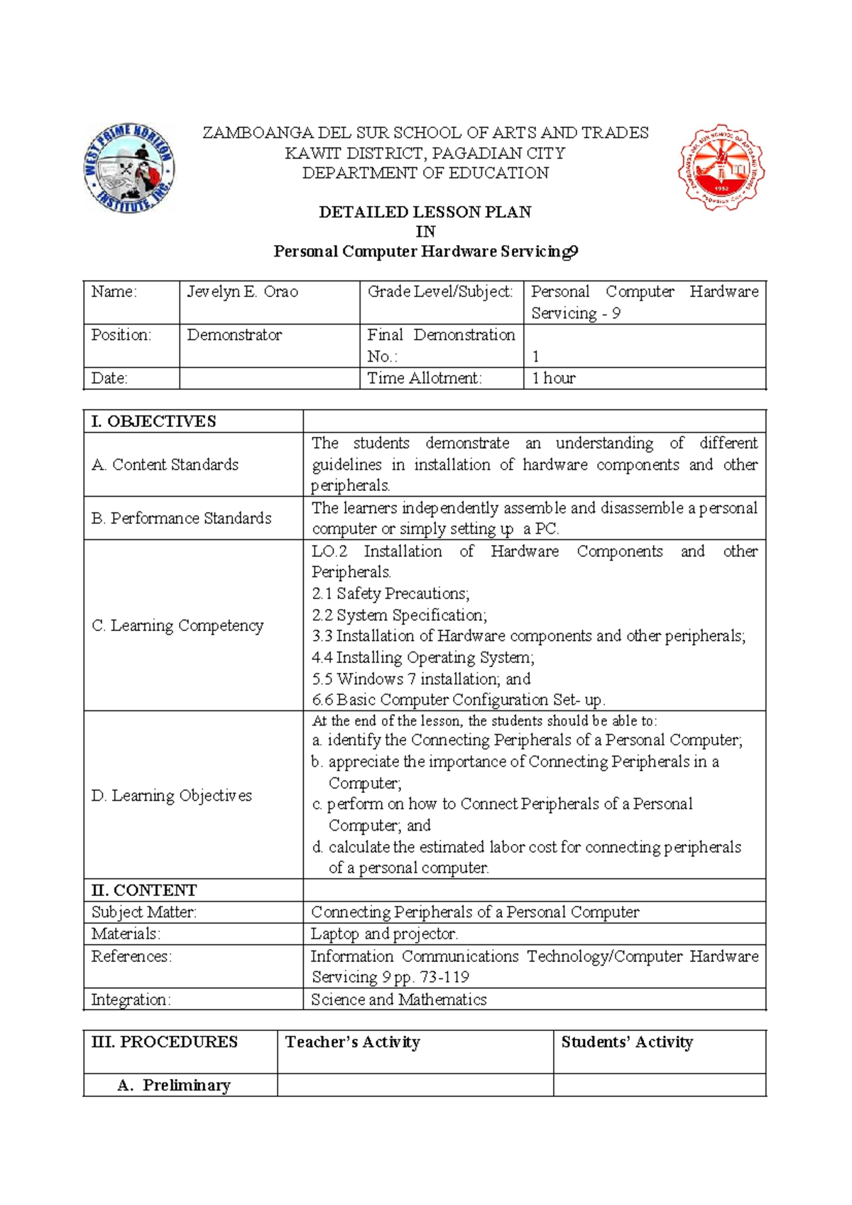 Detailed Lesson Plan: Connecting Peripherals in PC Hardware Servicing 9 ...
