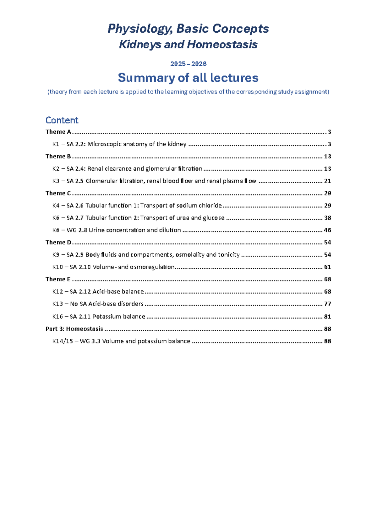PBC 2025-2026: Kidney Physiology Lecture Summary and Study Assignments ...