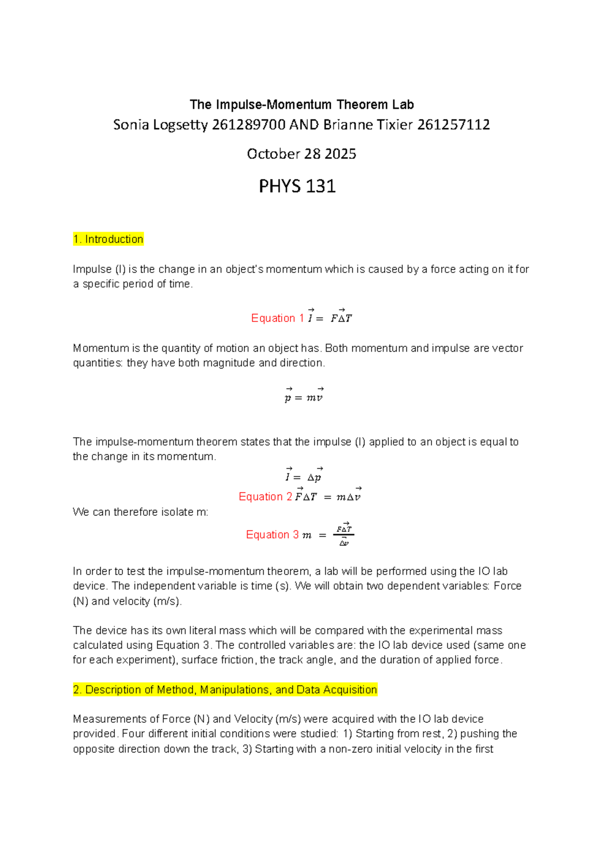 PHYS 131 Lab Report: Impulse and Momentum Theorem Analysis - Studocu