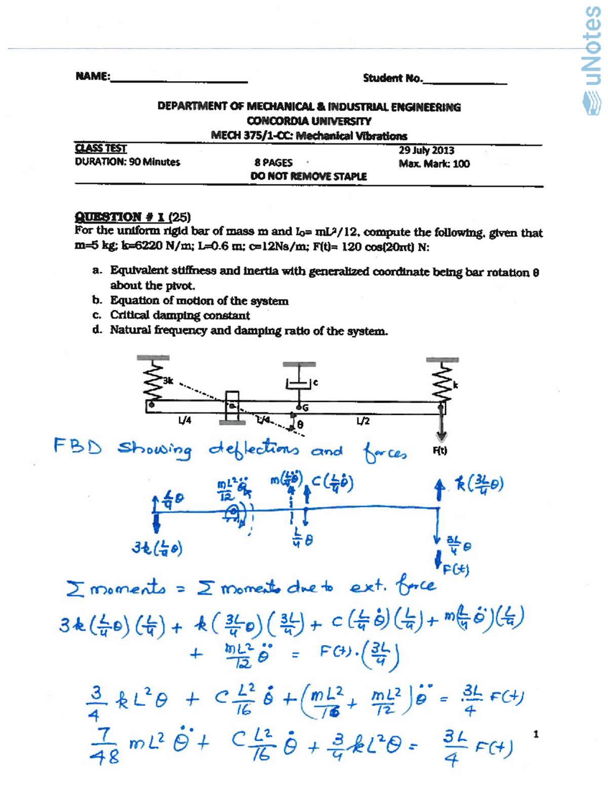 MECH 375 1-CC Mechanical Vibrations Class Test Notes - Studocu