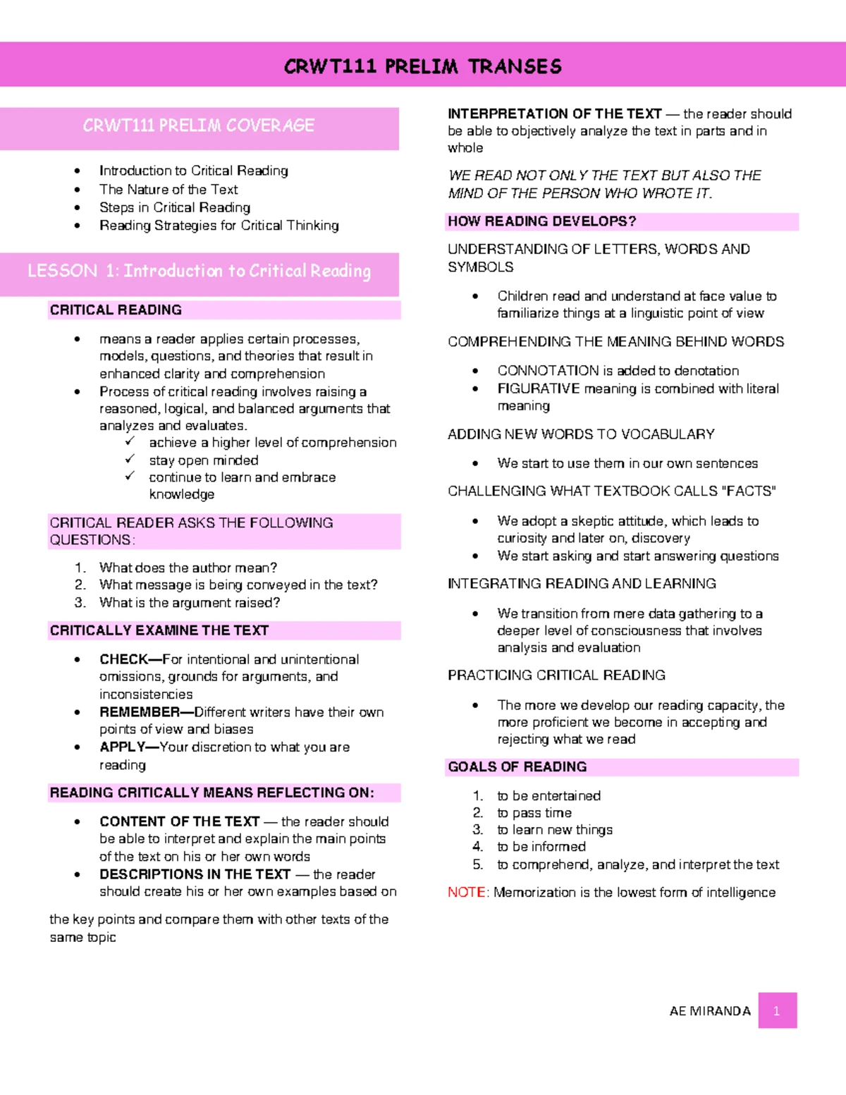 CRWT111 Prelim Reviewer: Key Concepts in Reading and Critical Analysis ...