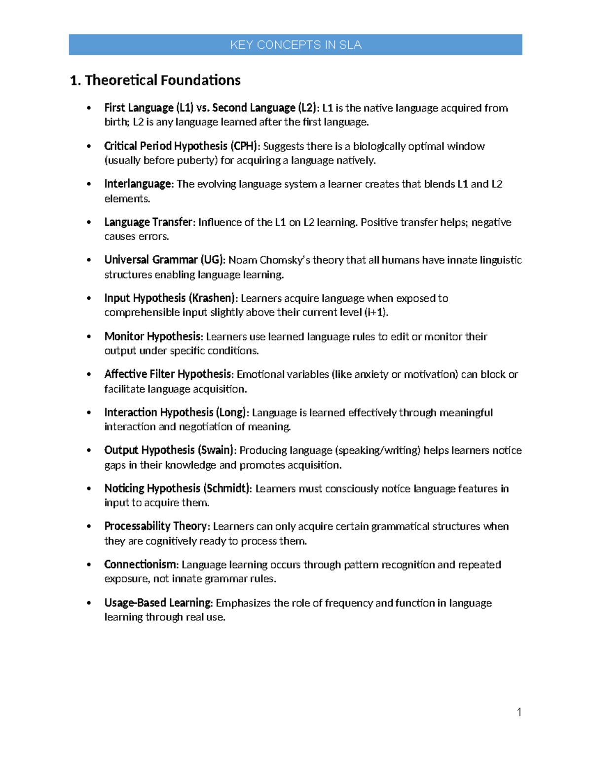 KEY CONCEPTS IN SLA: Theoretical Foundations and Key Elements - Studocu