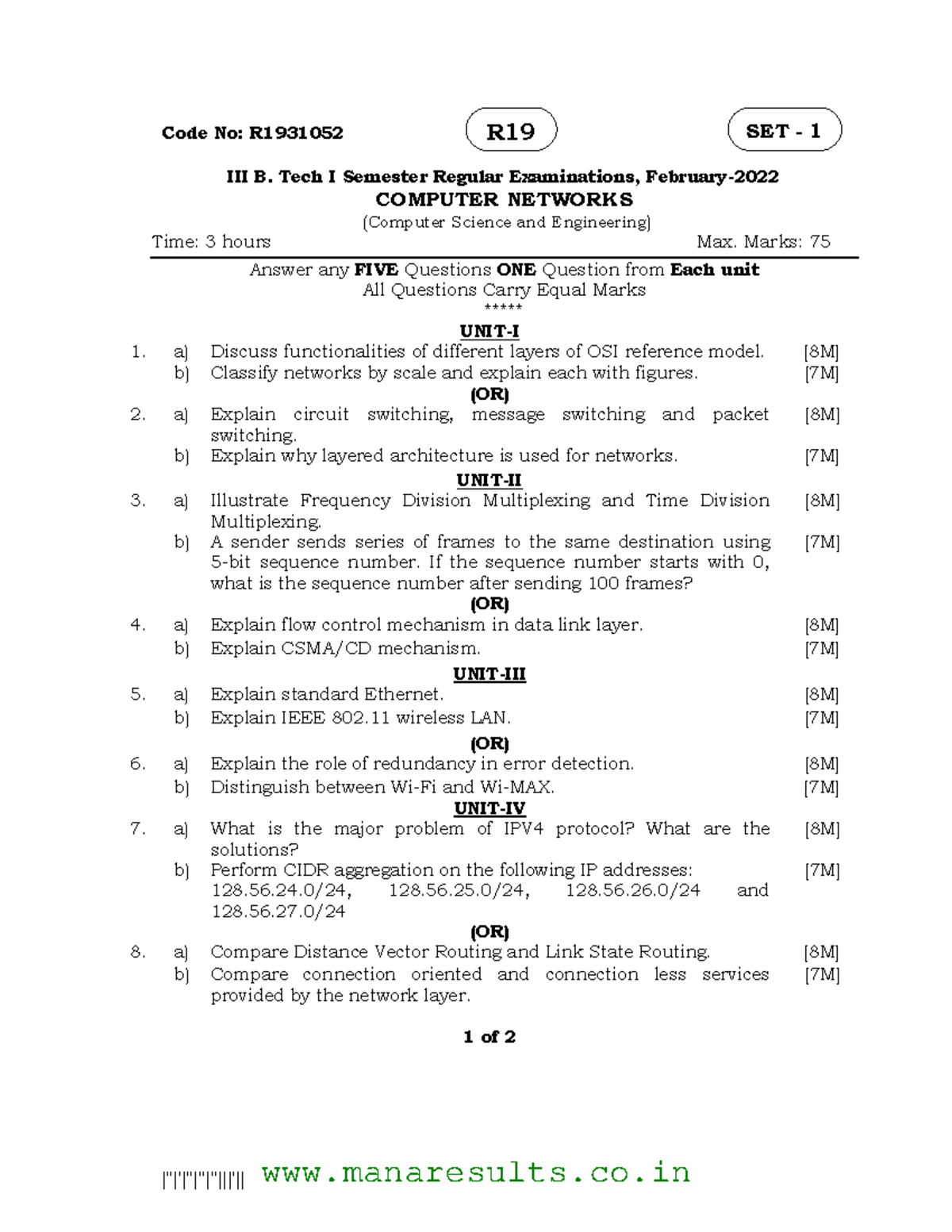 R19 B.Tech I Sem Computer Networks Exam Set 1 Questions - Studocu