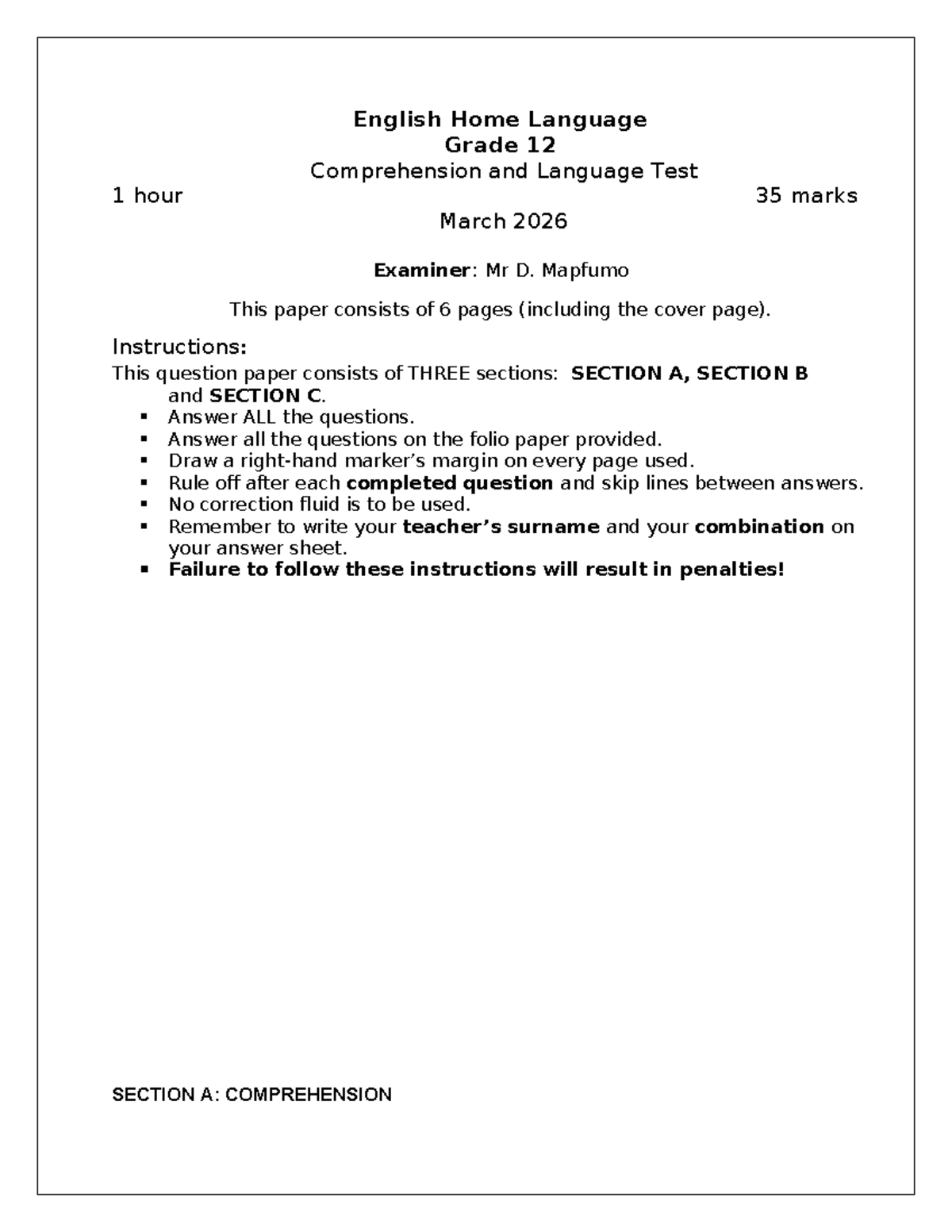 GR 12 ENGLISH HOME LANGUAGE COMPREHENSION TEST - MARCH 2026 - Studocu