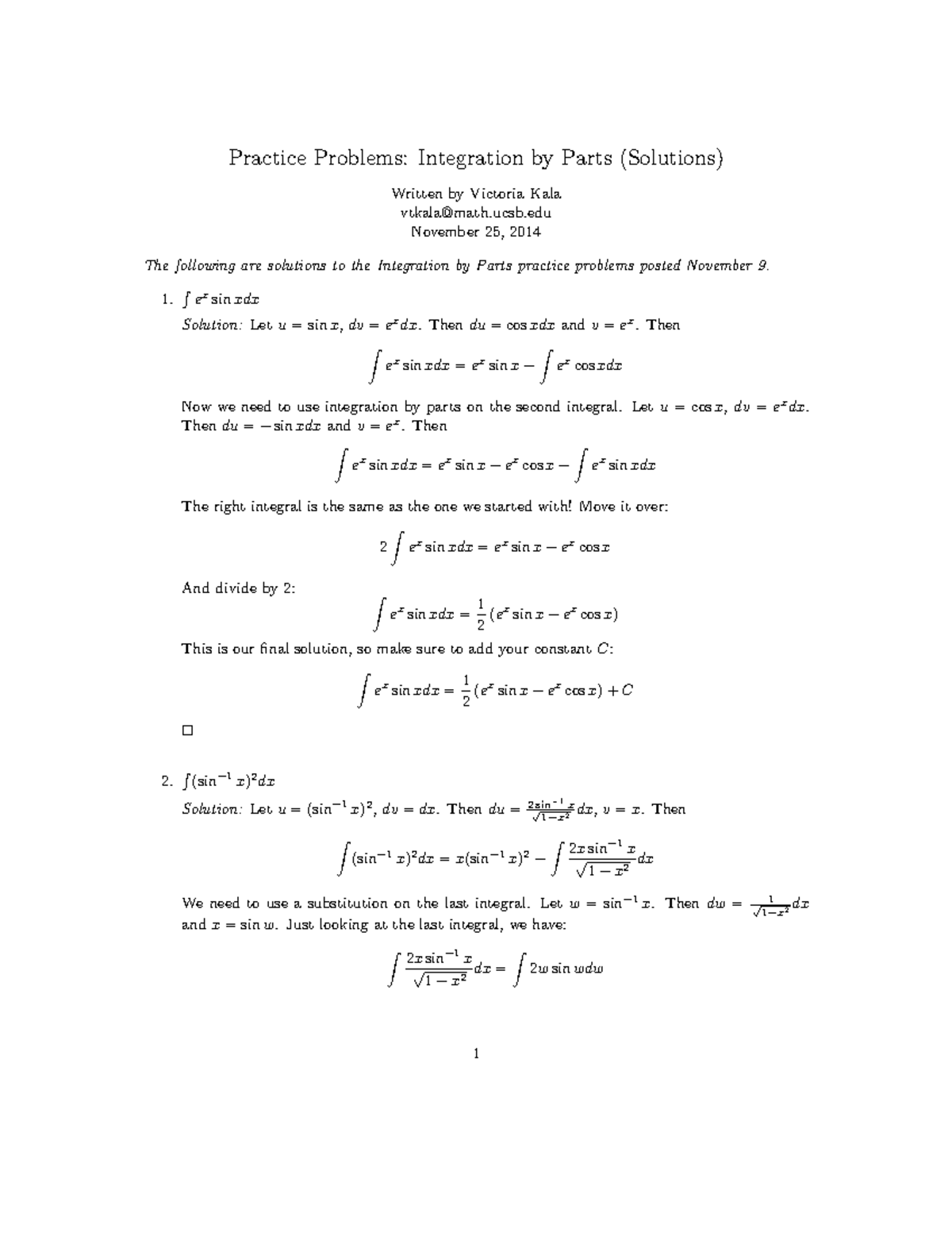 Math3B-Integration By Parts Practice Problems-Solutions - Studocu