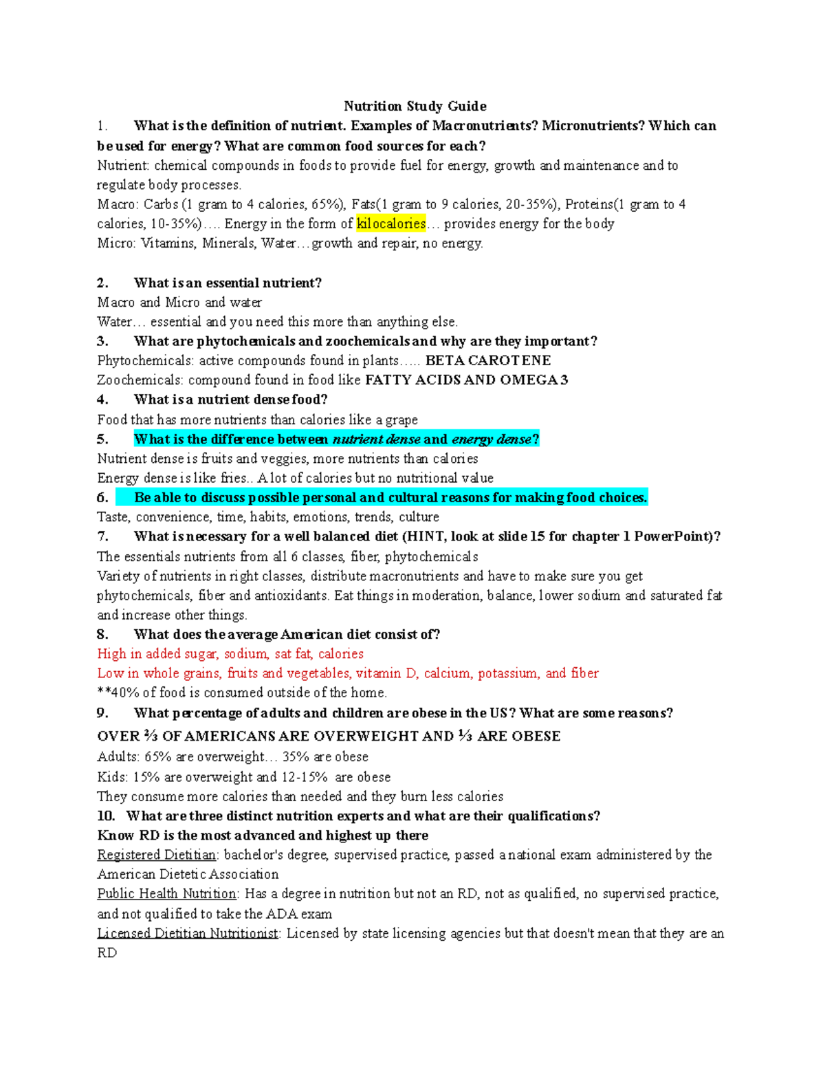 Nutrition SG - Comprehensive Study Guide for Exam Preparation - Studocu